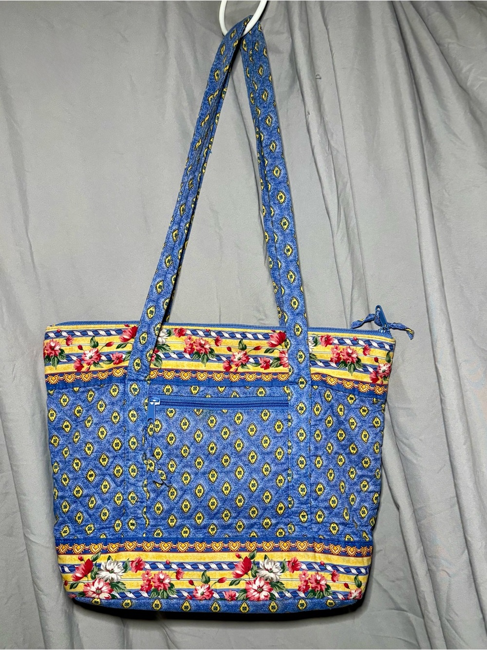 Vintage Blue Floral-Accent Tote Bag